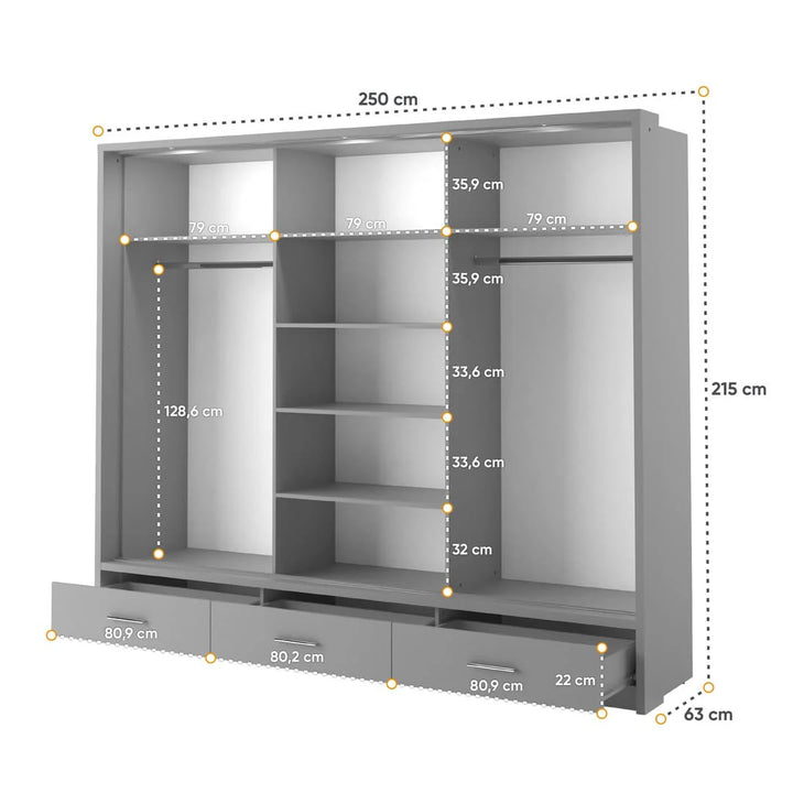 Isabella Sliding Door Wardrobe 250cm Grey Matt With LED Lights