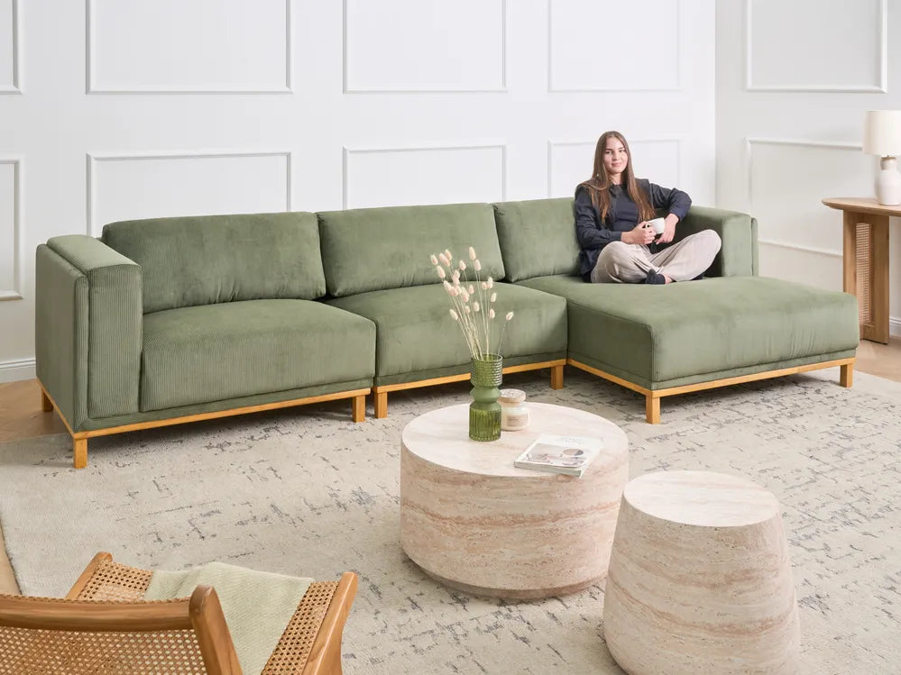 Corner Sofa 5 Seater Corduroy Green Left Hand Josanna