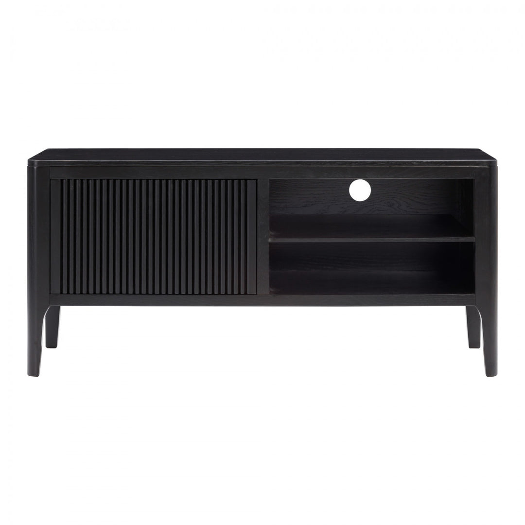 Black TV stand with a white background