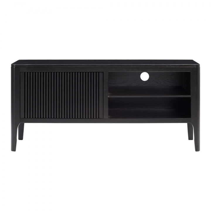Black TV stand with a white background