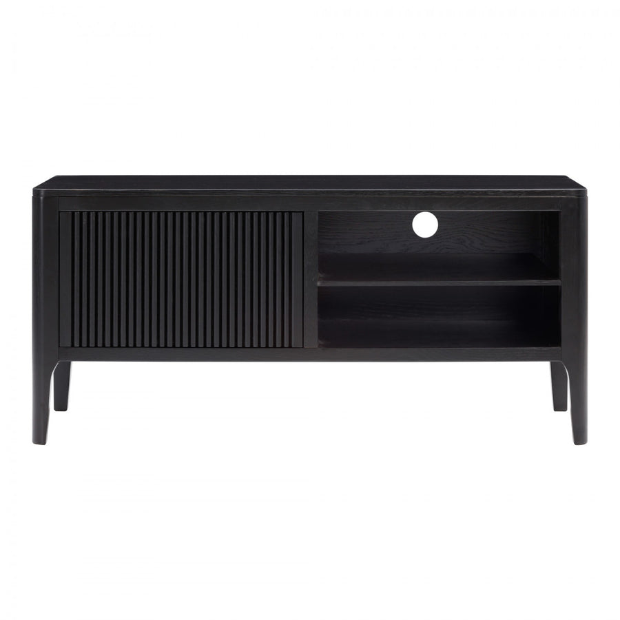 Black TV stand with a white background