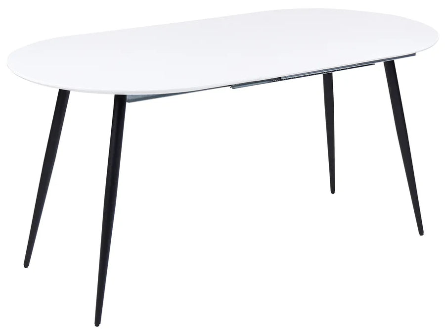 White oval table with black legs on a white background