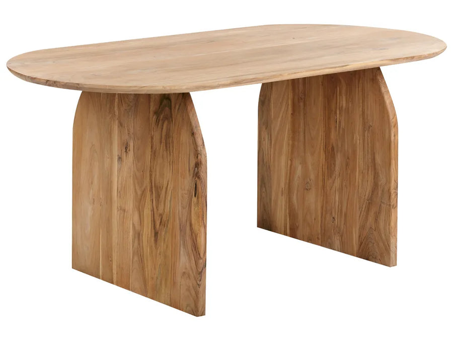 Wooden dining table with a natural finish on a white background