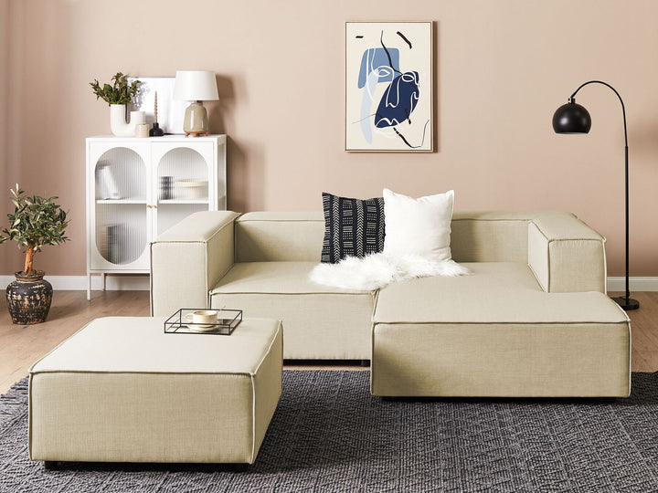 Aprica Left Hand 2 Seater Modular Linen Corner Sofa with Ottoman Beige