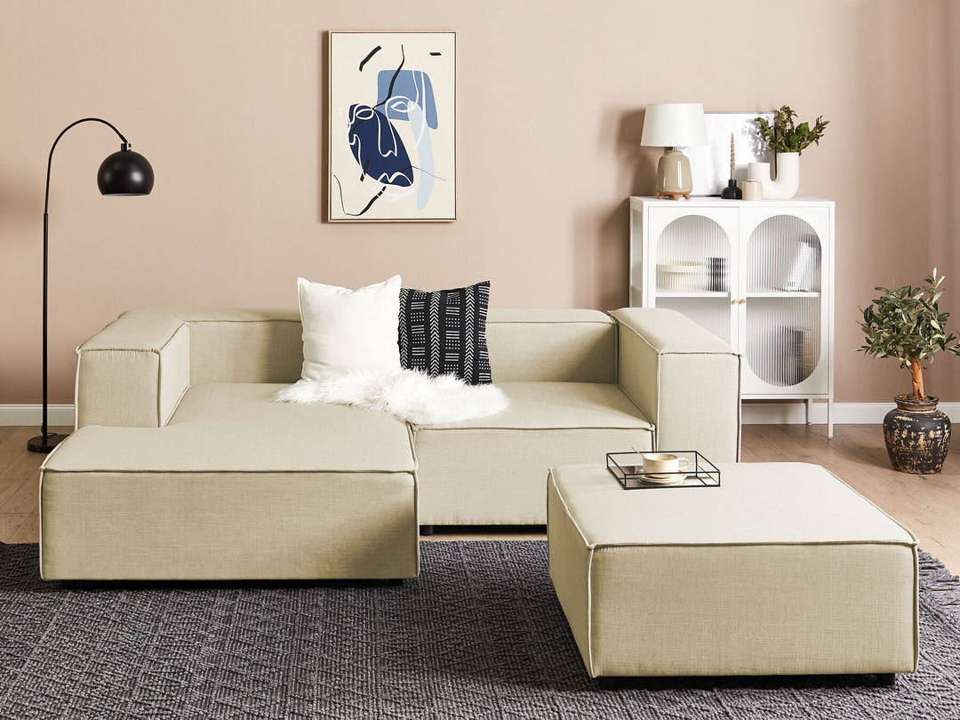 Aprica Right Hand 2 Seater Modular Linen Corner Sofa with Ottoman Beige