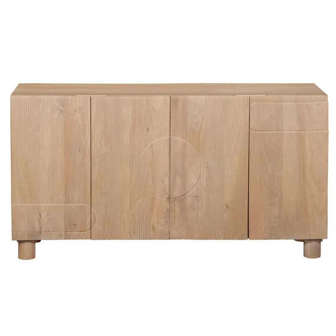 Wooden sideboard with a circular design on a white background