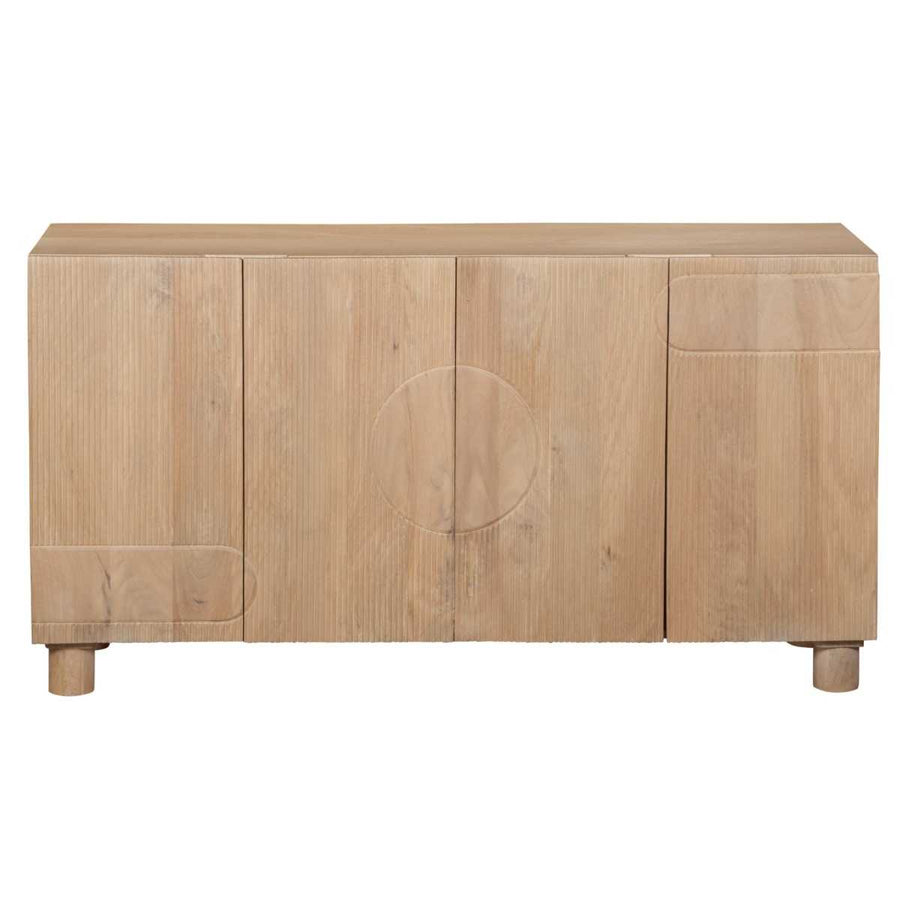 Wooden sideboard with a circular design on a white background