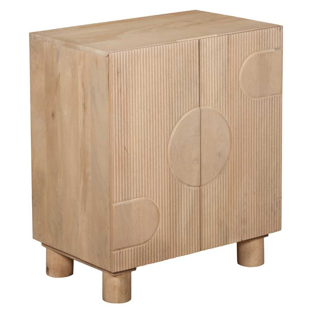 Wooden side table with circular designs on a white background