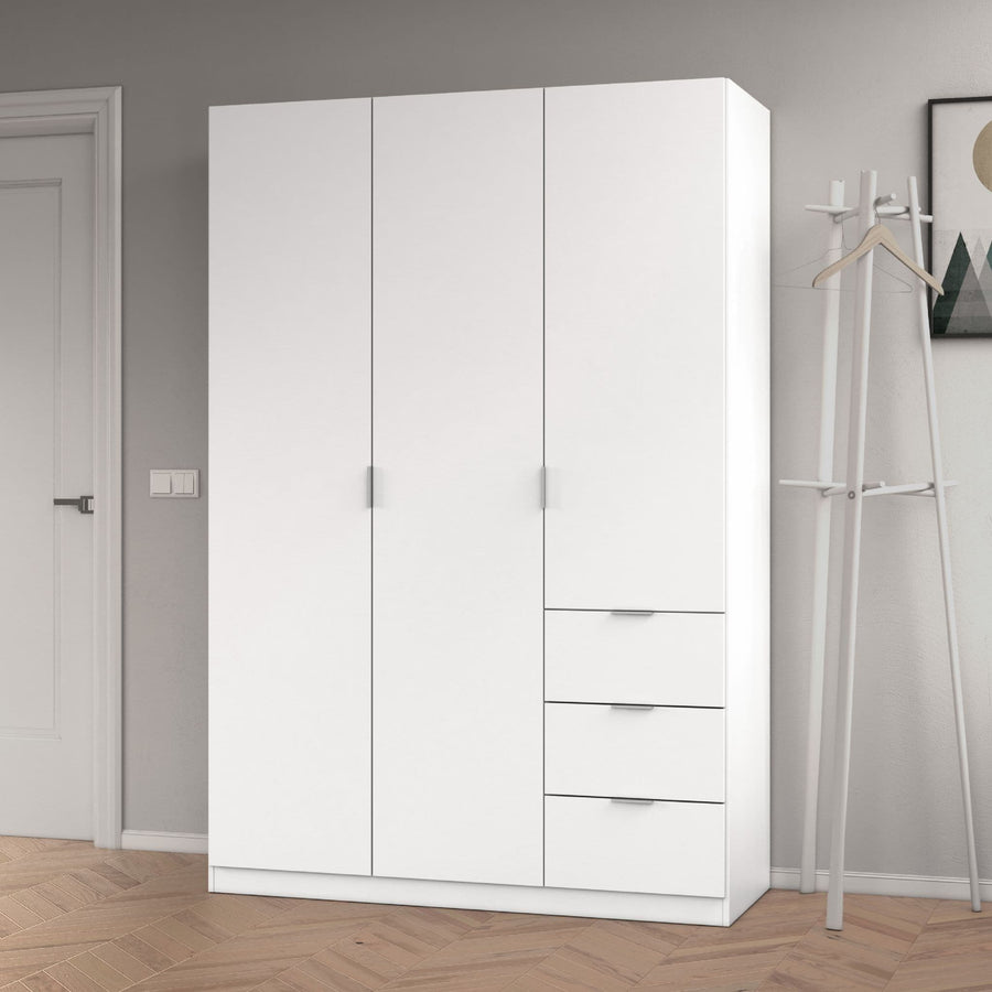 White wardrobe with drawers in a room with a coat rack and framed picture on the wall.