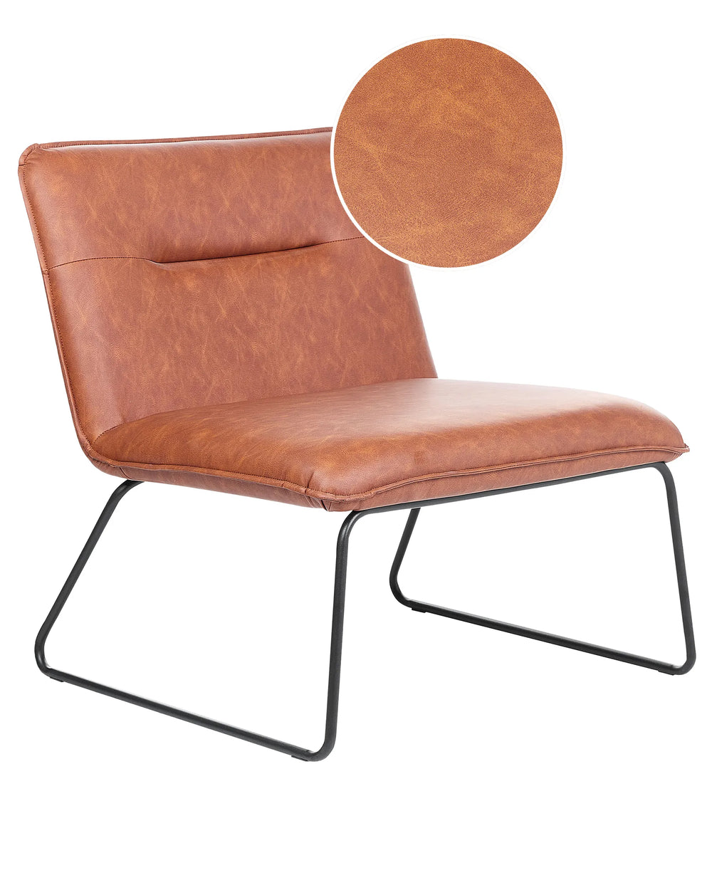 Brown leather chair with black metal legs on a white background