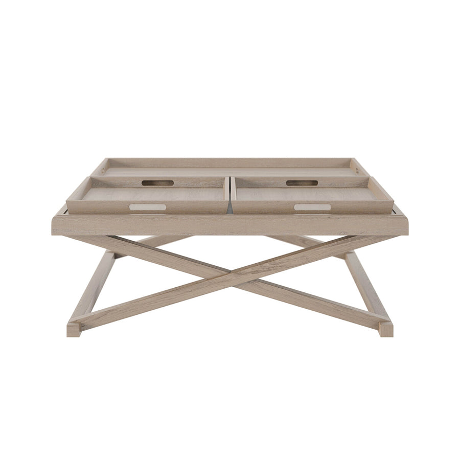 Wooden tray with crossbeam design on a white background