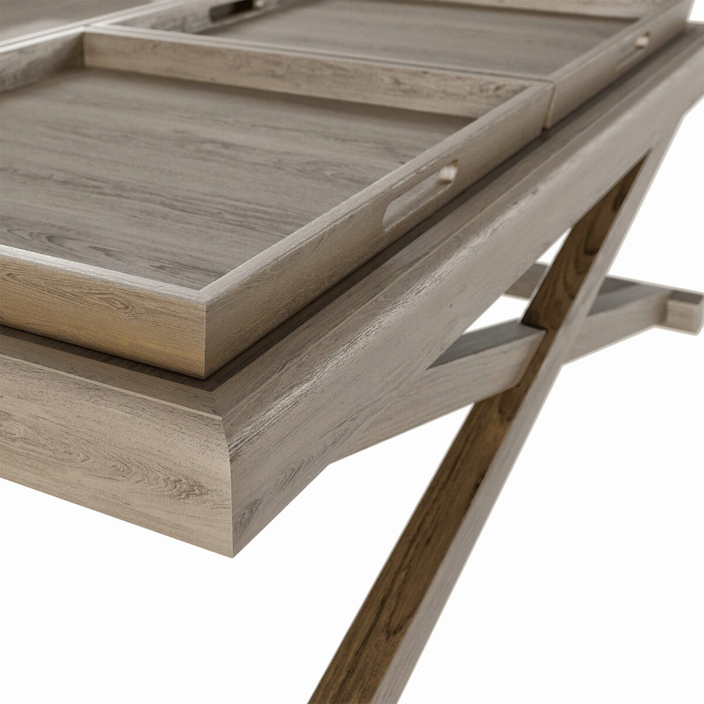 Wooden desk with a tray on a white background