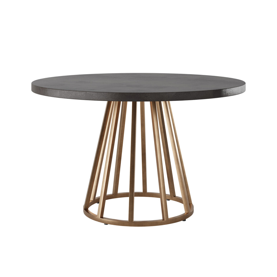 Round table with dark top and gold metal base on a white background