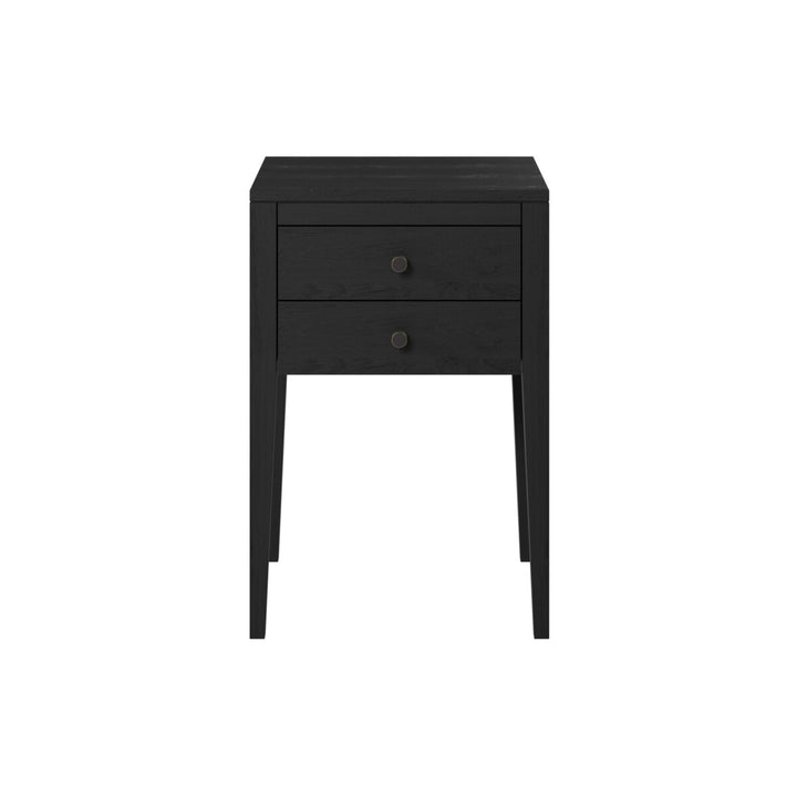 Black nightstand with two drawers on a white background