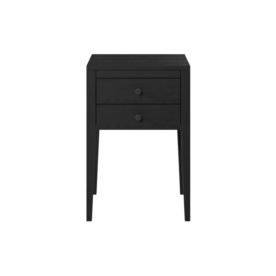 Black nightstand with two drawers on a white background