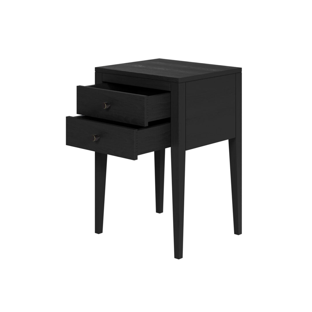 Black side table with two drawers on a white background