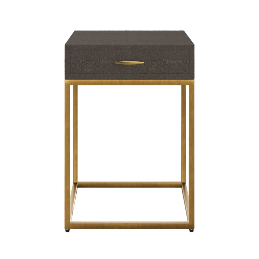 Side table with dark brown drawer and gold frame on a white background