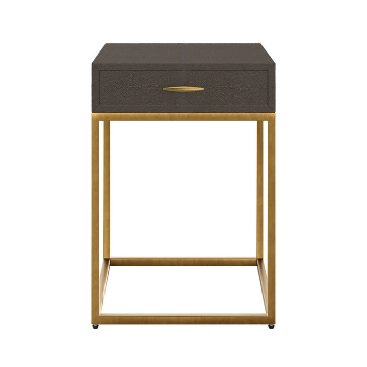Side table with dark brown drawer and gold frame on a white background
