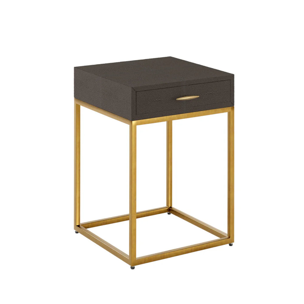 Side table with dark brown drawer and gold frame on a white background