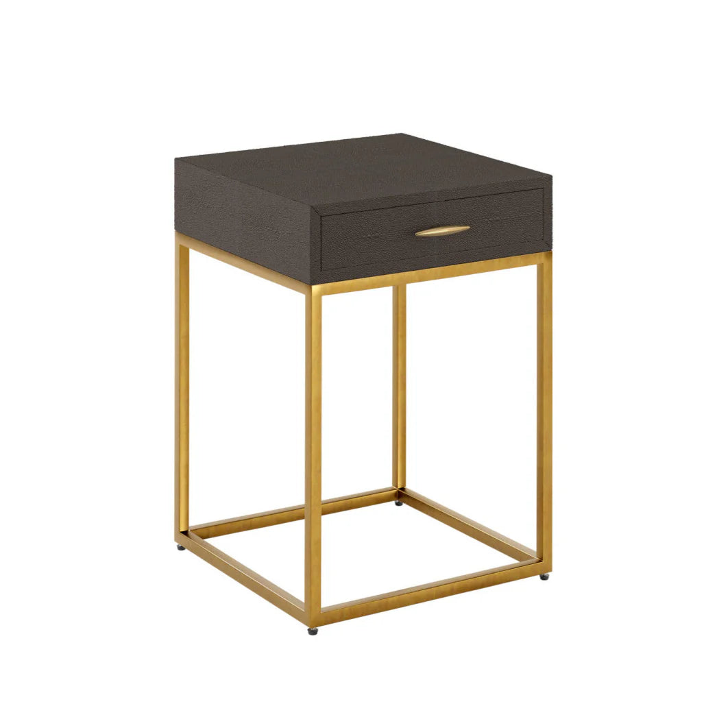 Side table with dark brown drawer and gold frame on a white background