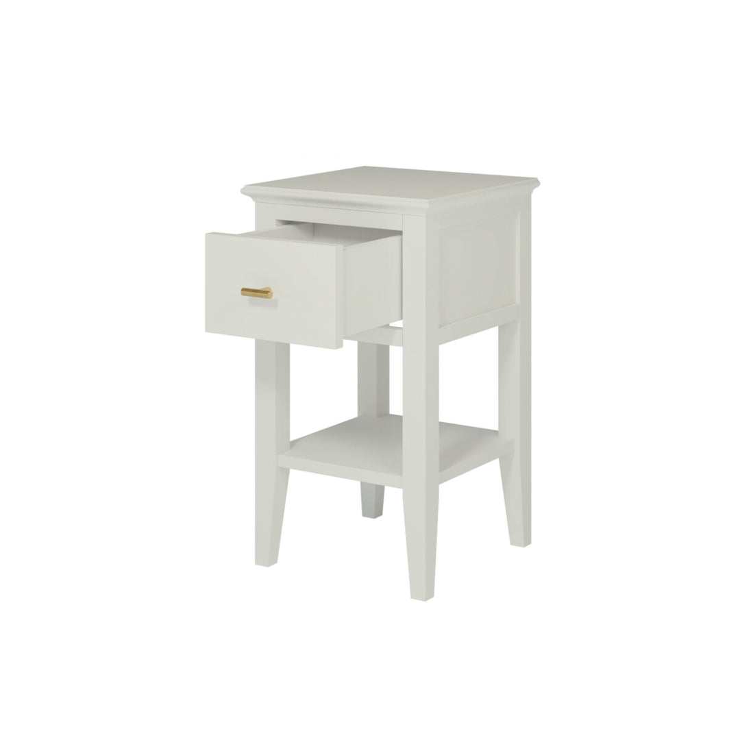 White nightstand with a drawer on a white background