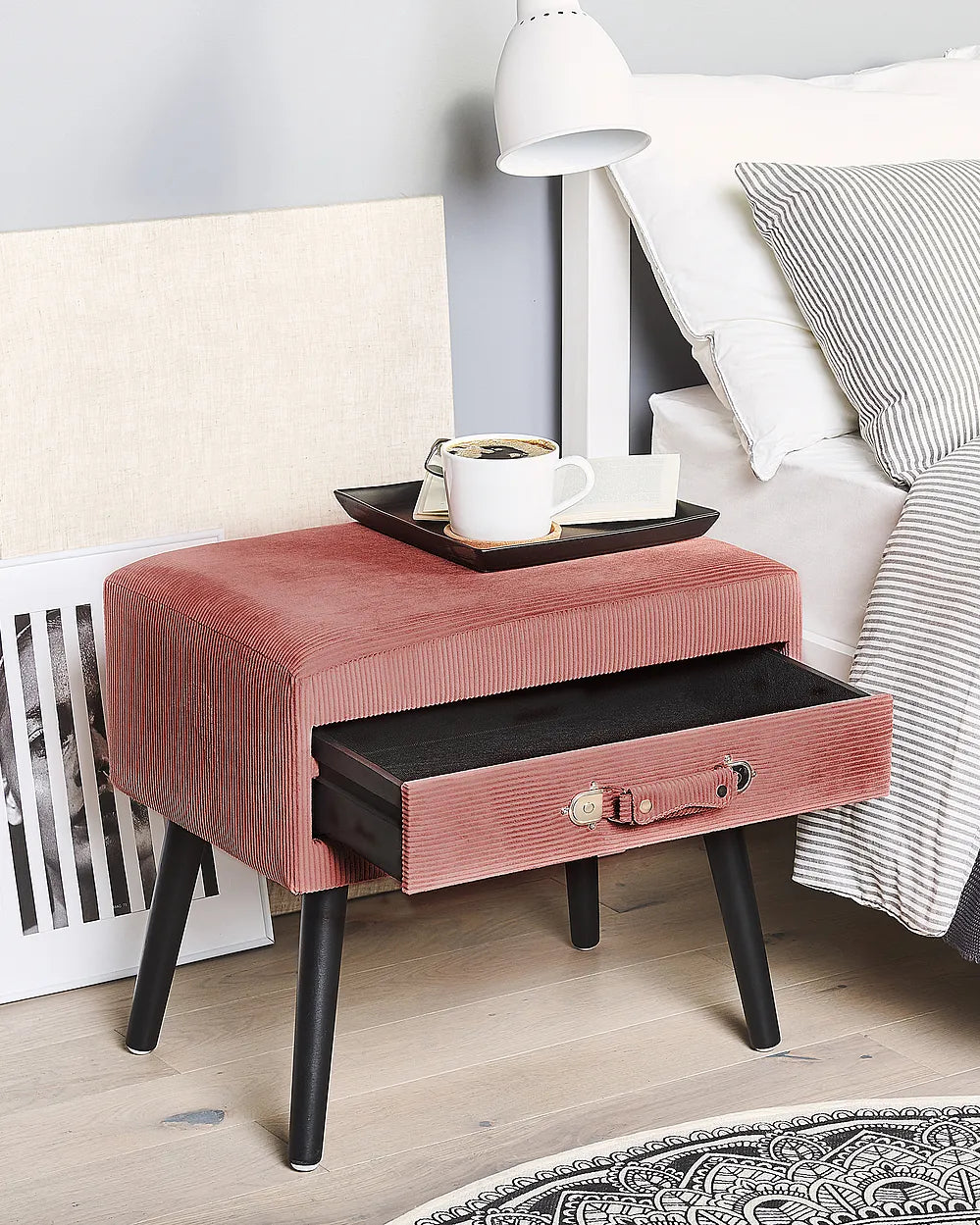1 Drawer Bedside Table Corduroy Pink Balom