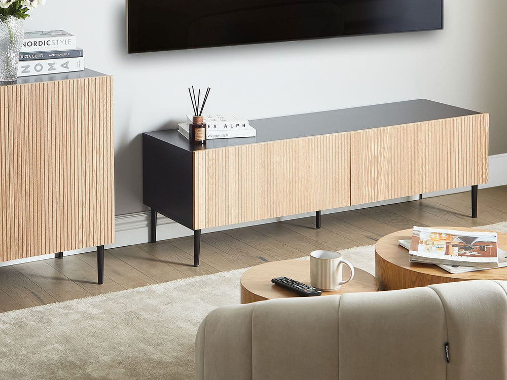 TV Stand Wood Natural Ash Wood Black BLYTHE