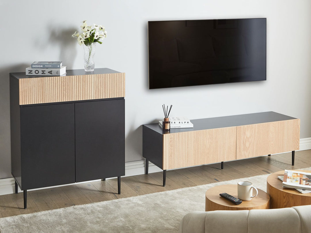 TV Stand Wood Natural Ash Wood Black Bratchell