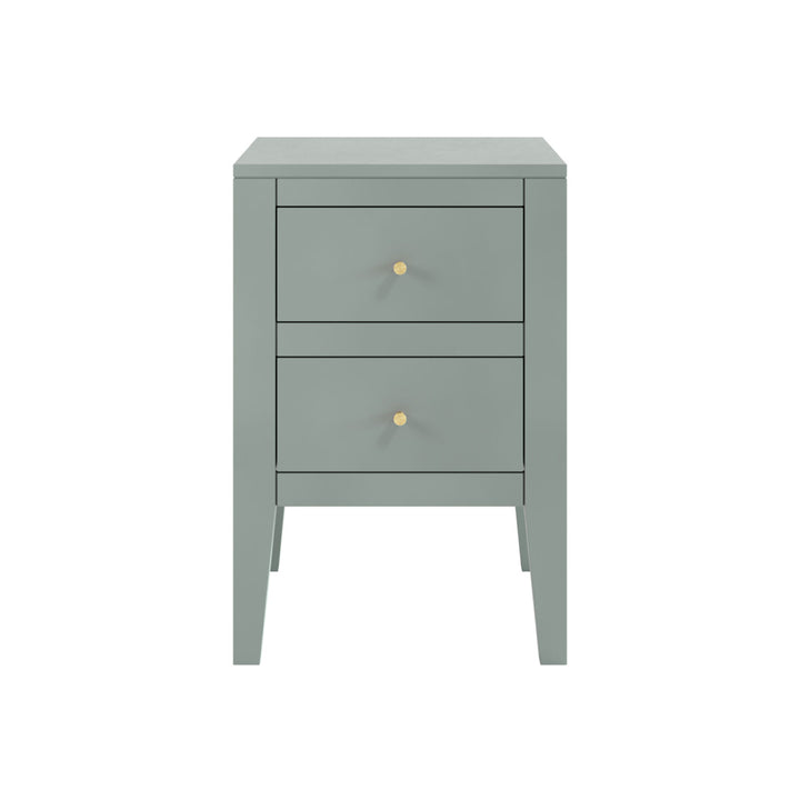 Gray nightstand with two drawers on a white background