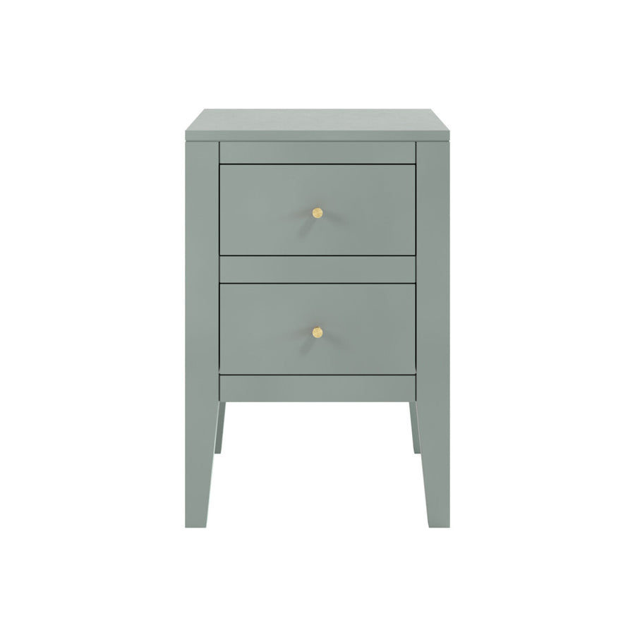 Gray nightstand with two drawers on a white background