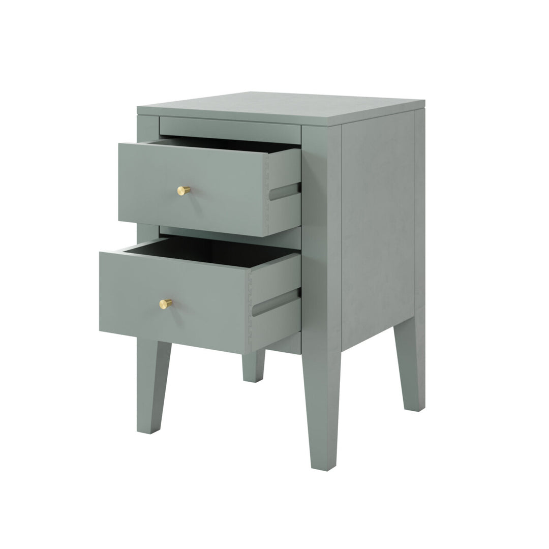 Gray nightstand with two drawers on a white background