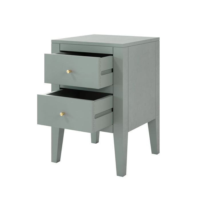 Gray nightstand with two drawers on a white background