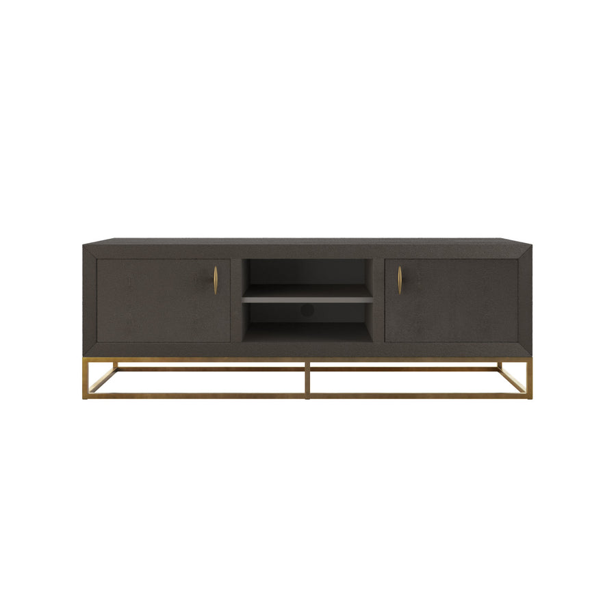 Dark wood TV stand with gold accents on a white background