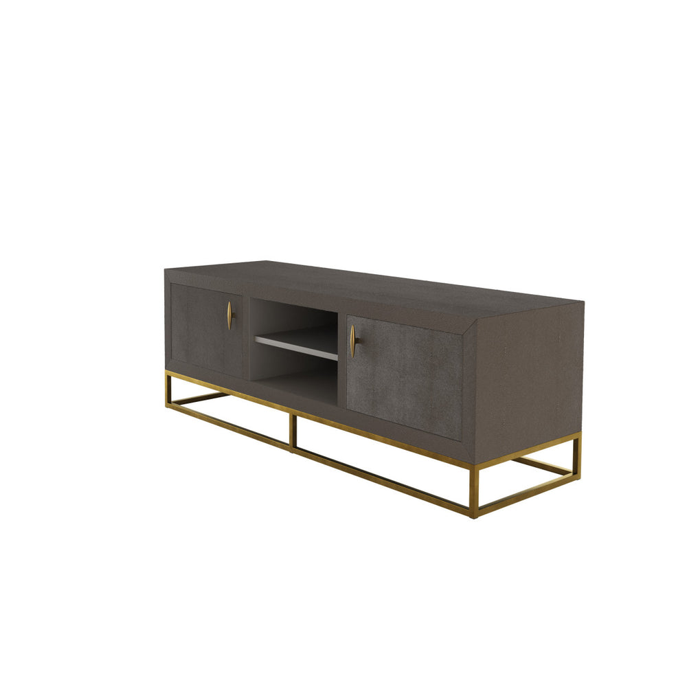 Modern TV stand with dark gray finish and gold legs on a white background