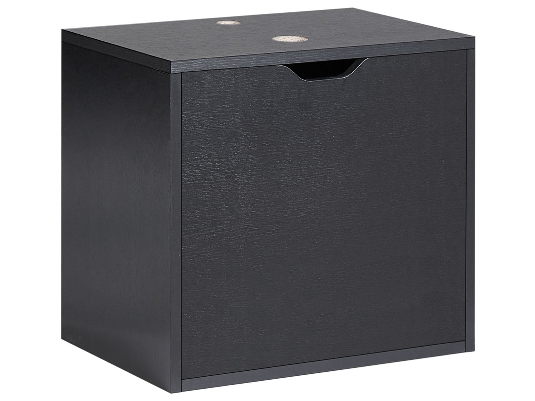 Black storage cabinet with a drawer on a white background