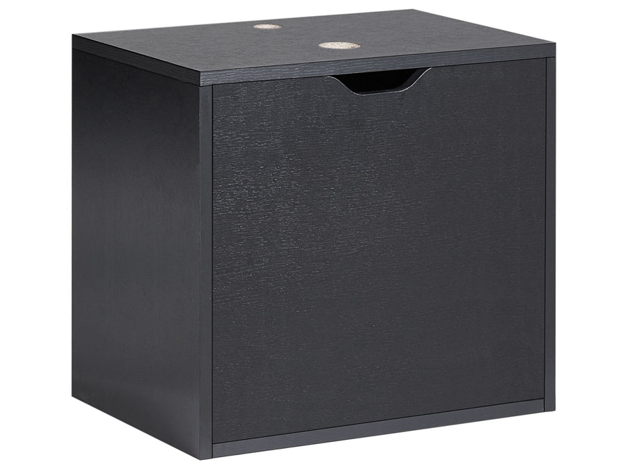 Black storage cabinet with a drawer on a white background