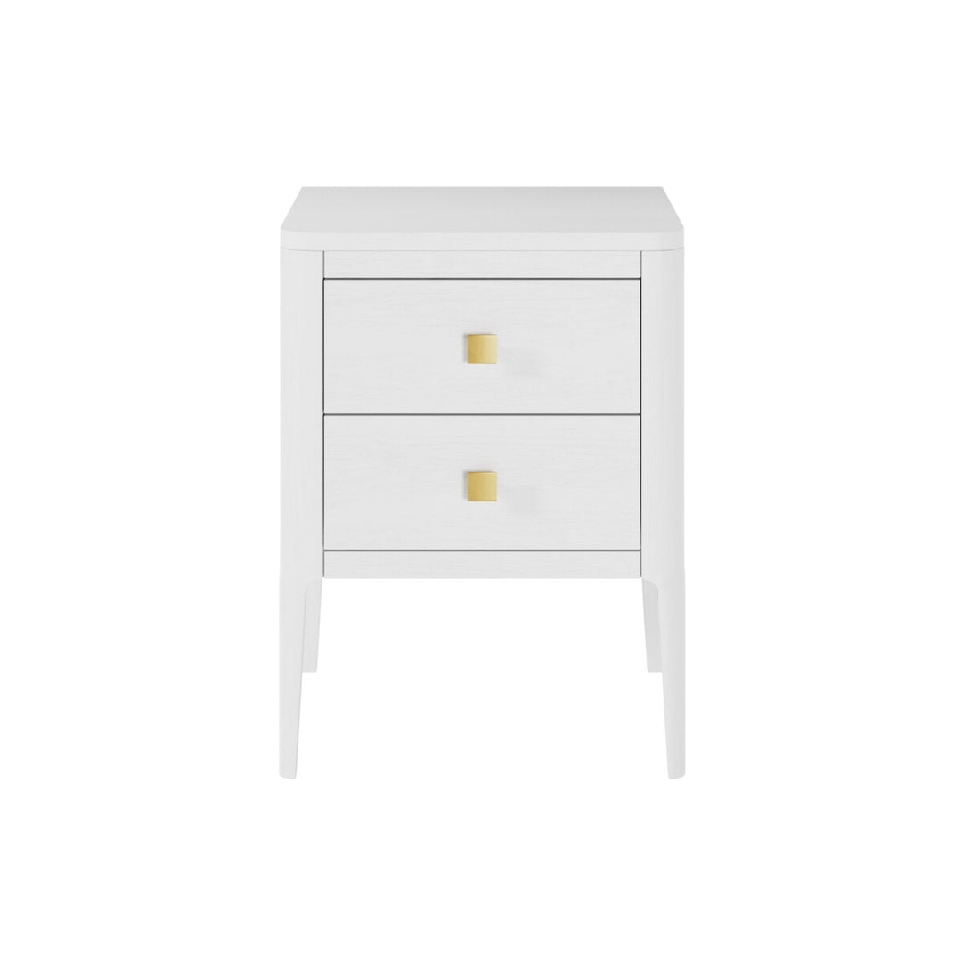 White nightstand with gold accents on a white background