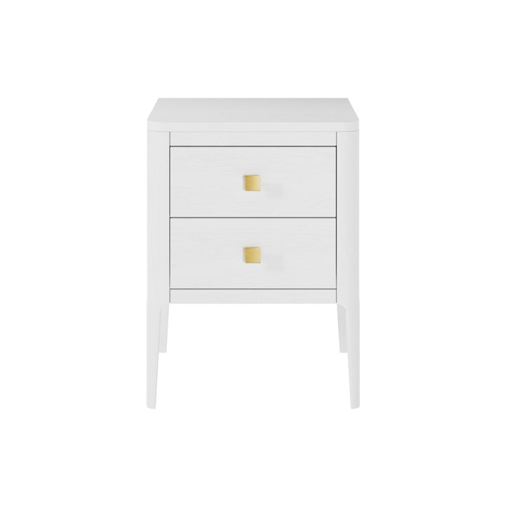 White nightstand with gold accents on a white background