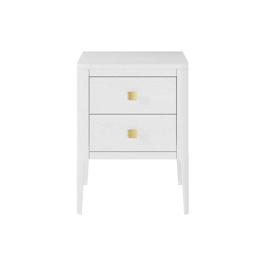 White nightstand with gold accents on a white background