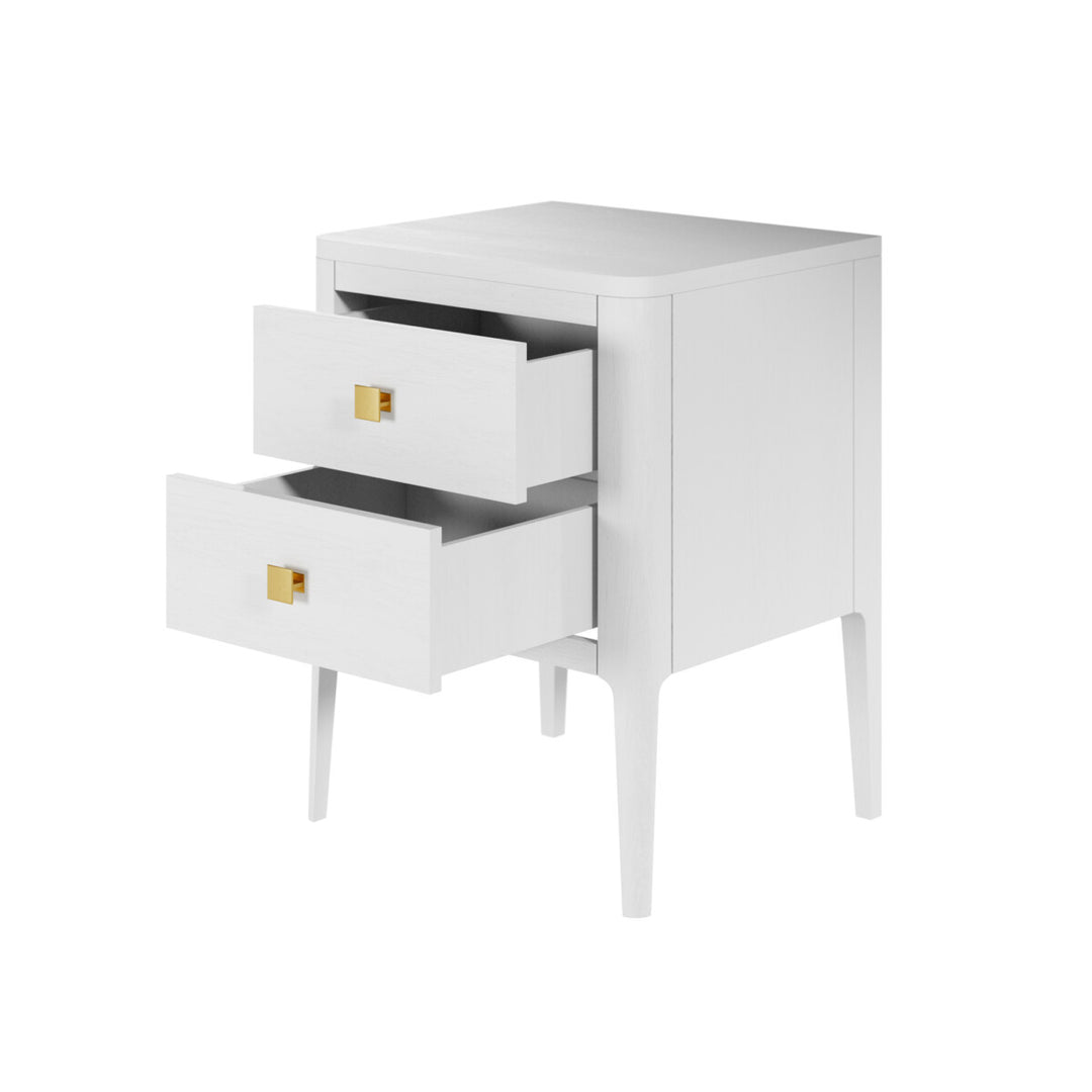 White nightstand with two drawers on a white background