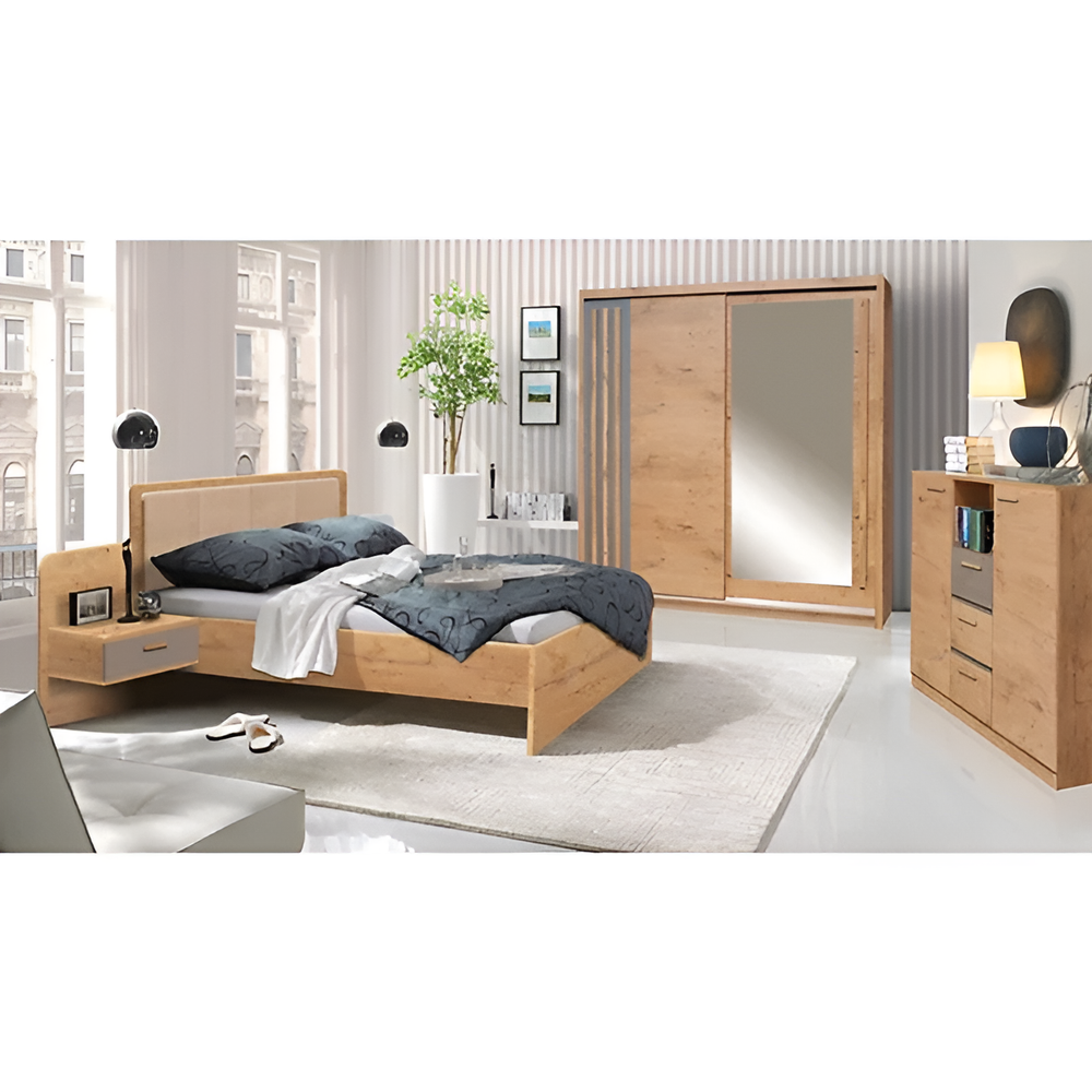 Effect Bed in Oak Lancelot - H101cm D208cm W275cm with Bedsides, Natural and Stylish