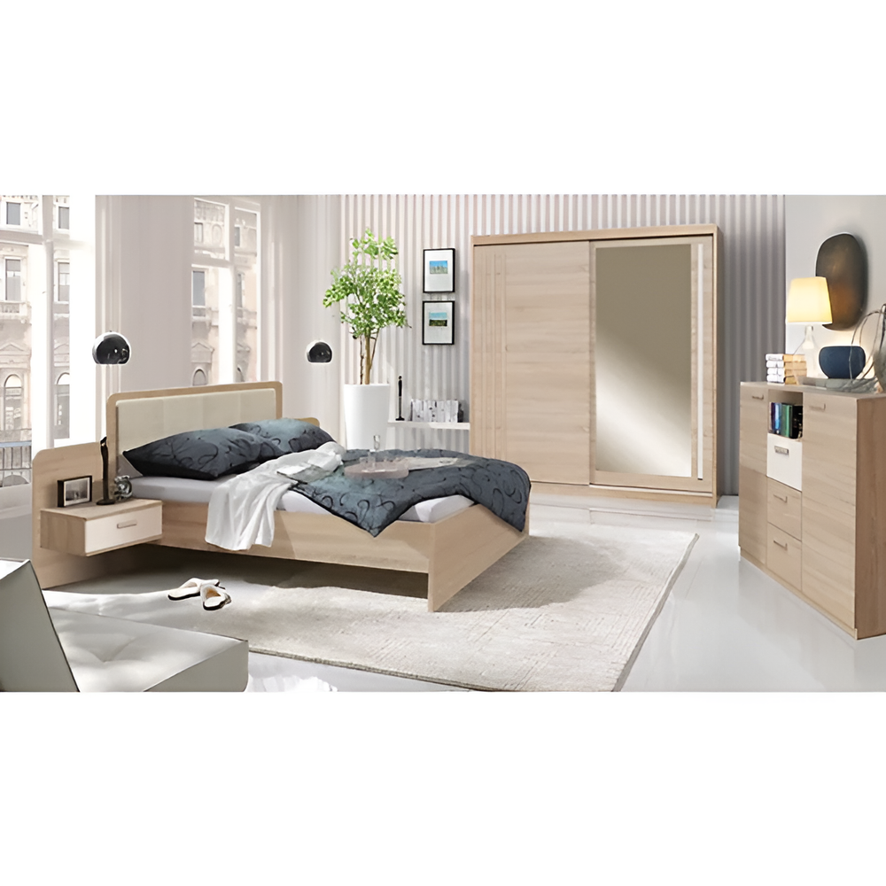 Effect Bed in Oak Sonoma - H101cm D208cm W275cm with Bedsides, Warm and Organised