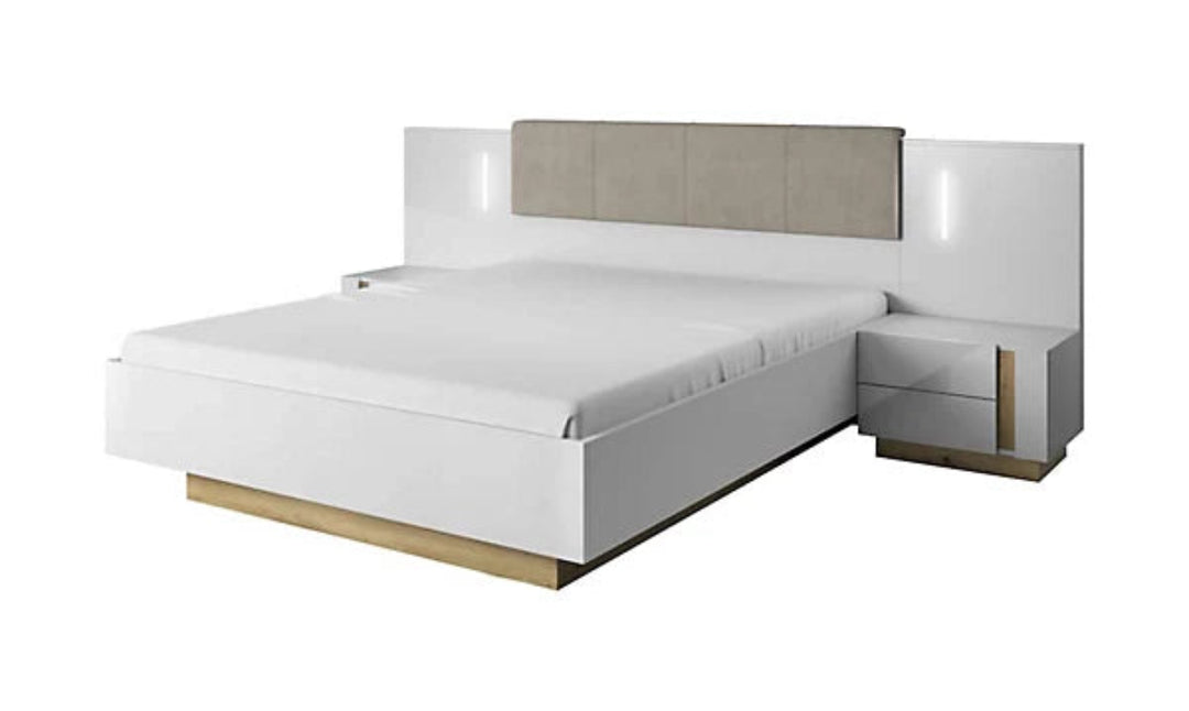 Arco Contemporary Bed Frame EU King Size White Gloss and Grandson Oak Effect