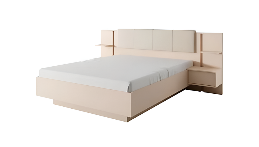 Dast Contemporary Ottoman Bed Frame EU King Size with Bedside Cabinets LED Beige