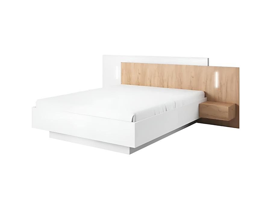 Stockholm Contemporary Ottoman Bed EU King Size Bedside Cabinets LED Gold Craft Oak Effect & White