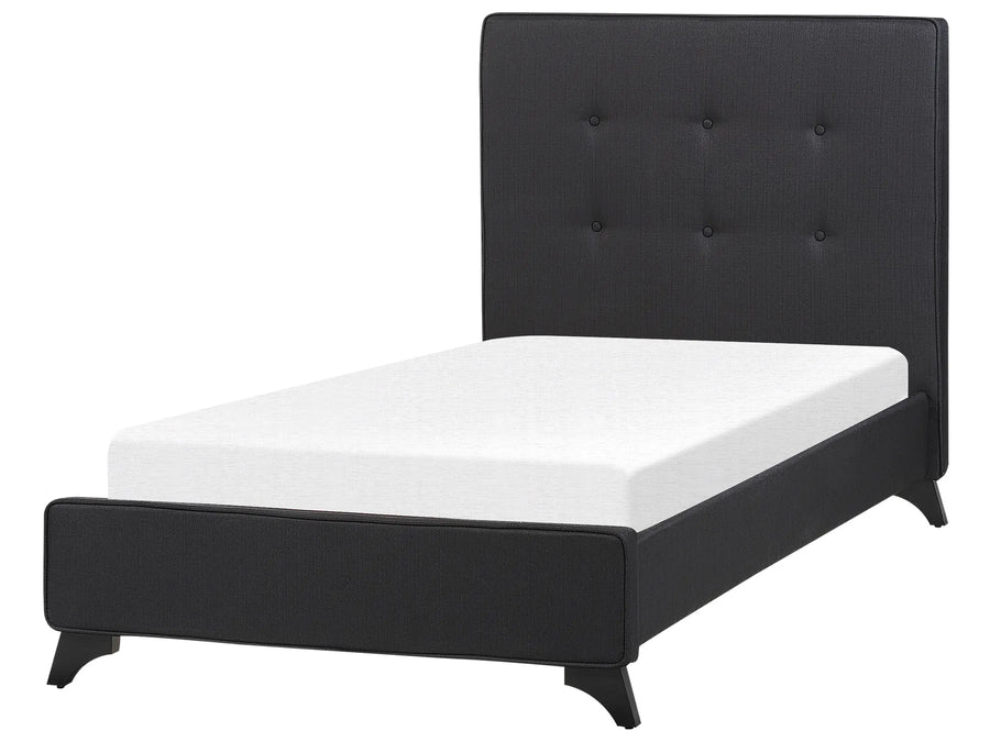 Black bed frame with white mattress on a white background
