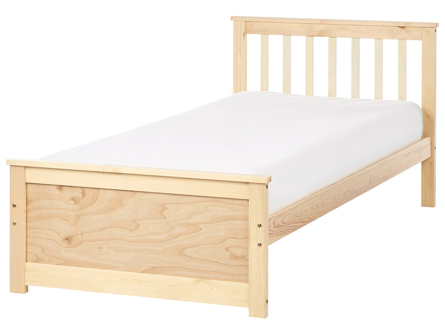 Wooden bed frame with a white mattress on a white background
