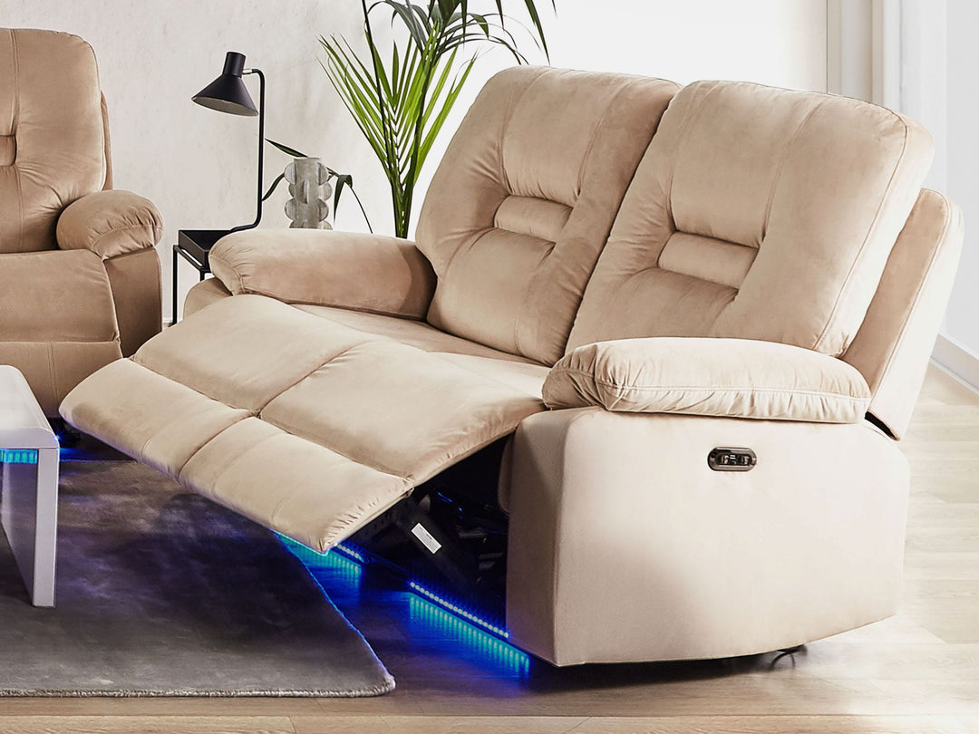 Bergen 2 Seater Velvet LED Electric Recliner Sofa with USB Port Beige