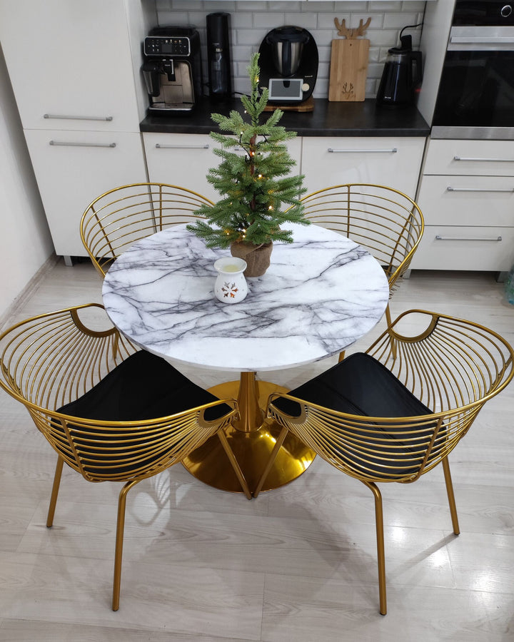 Flovilla Round Dining Table ⌀ 90 cm Marble Effect White with Gold