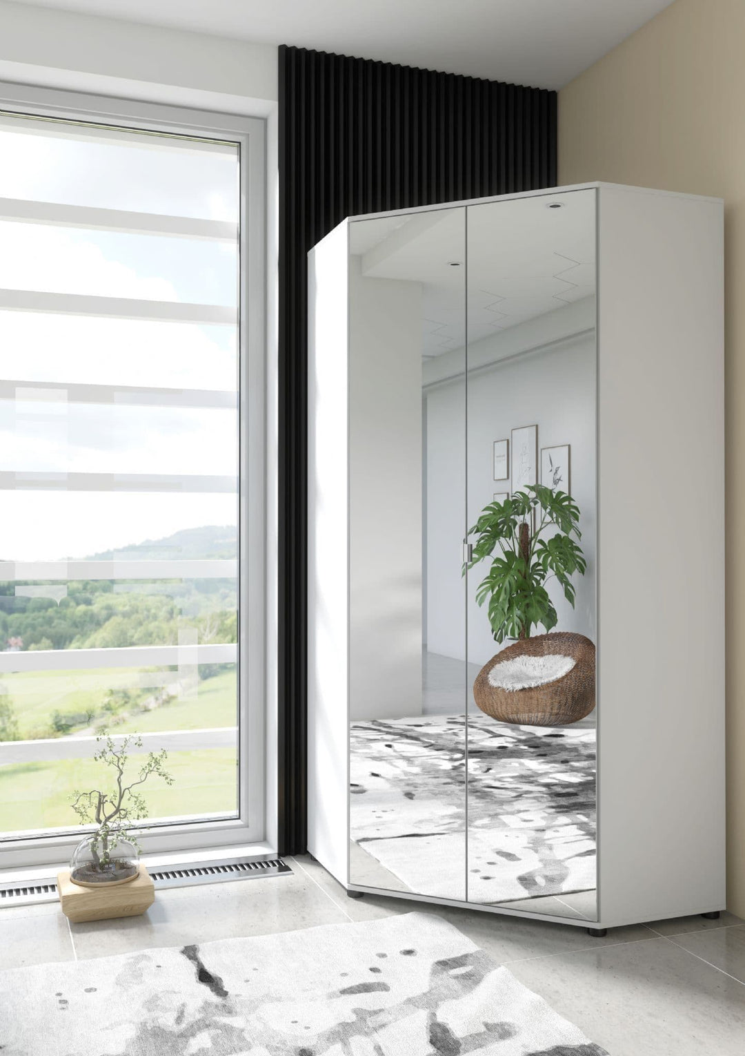 White corner wardrobe with mirror panels in a room with a large window and plants.